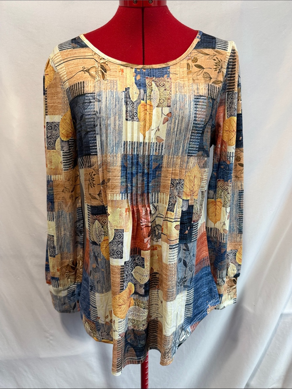 Abstract Leaf-Print Long Sleeve Tunic Top — Blue & Tan